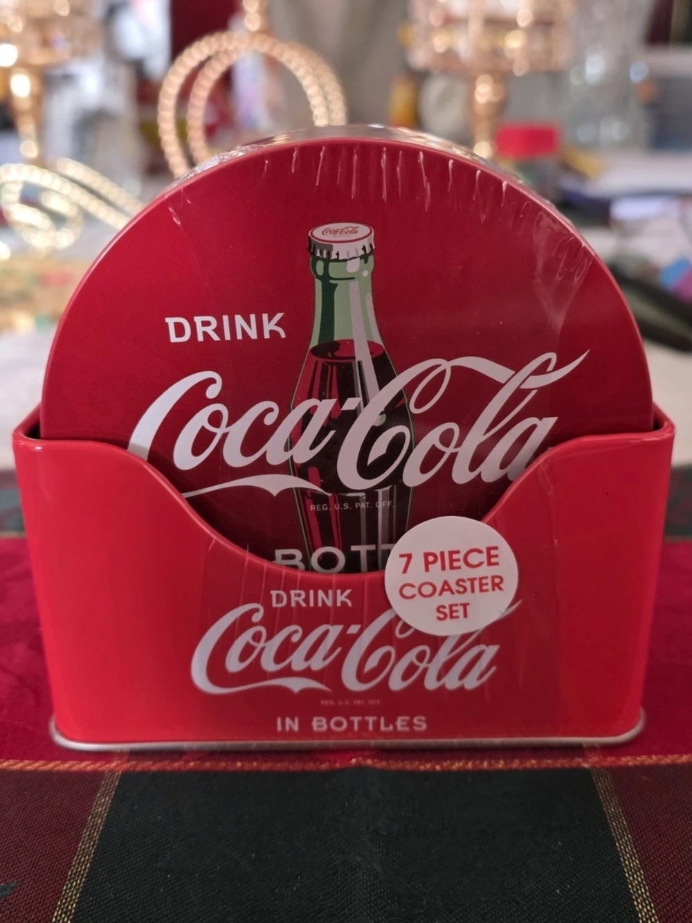 Coca-Cola Red and White Bottle Coaster Set with Holder